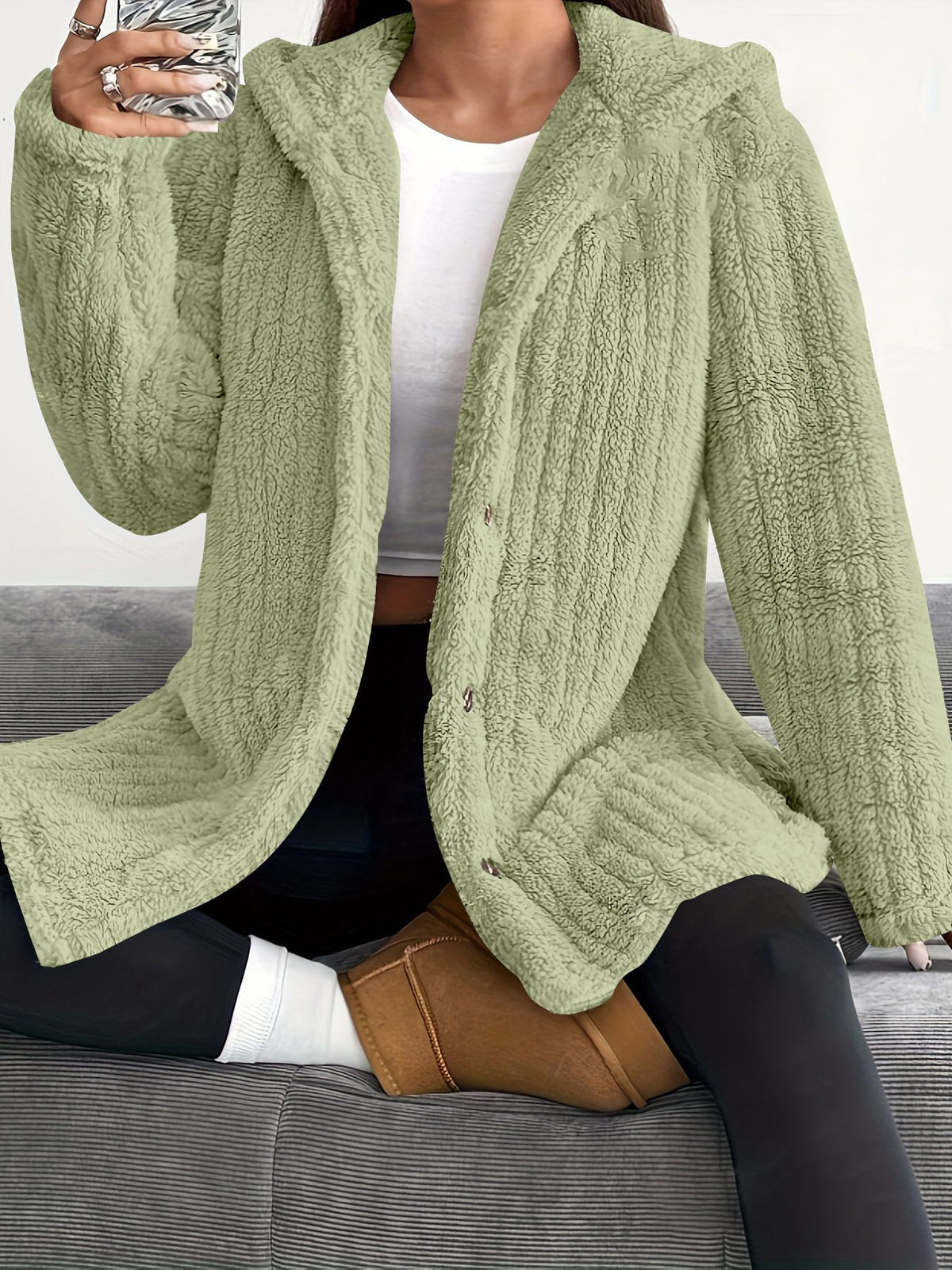 Women's Oversized Hooded Fleece Button Front Jacket