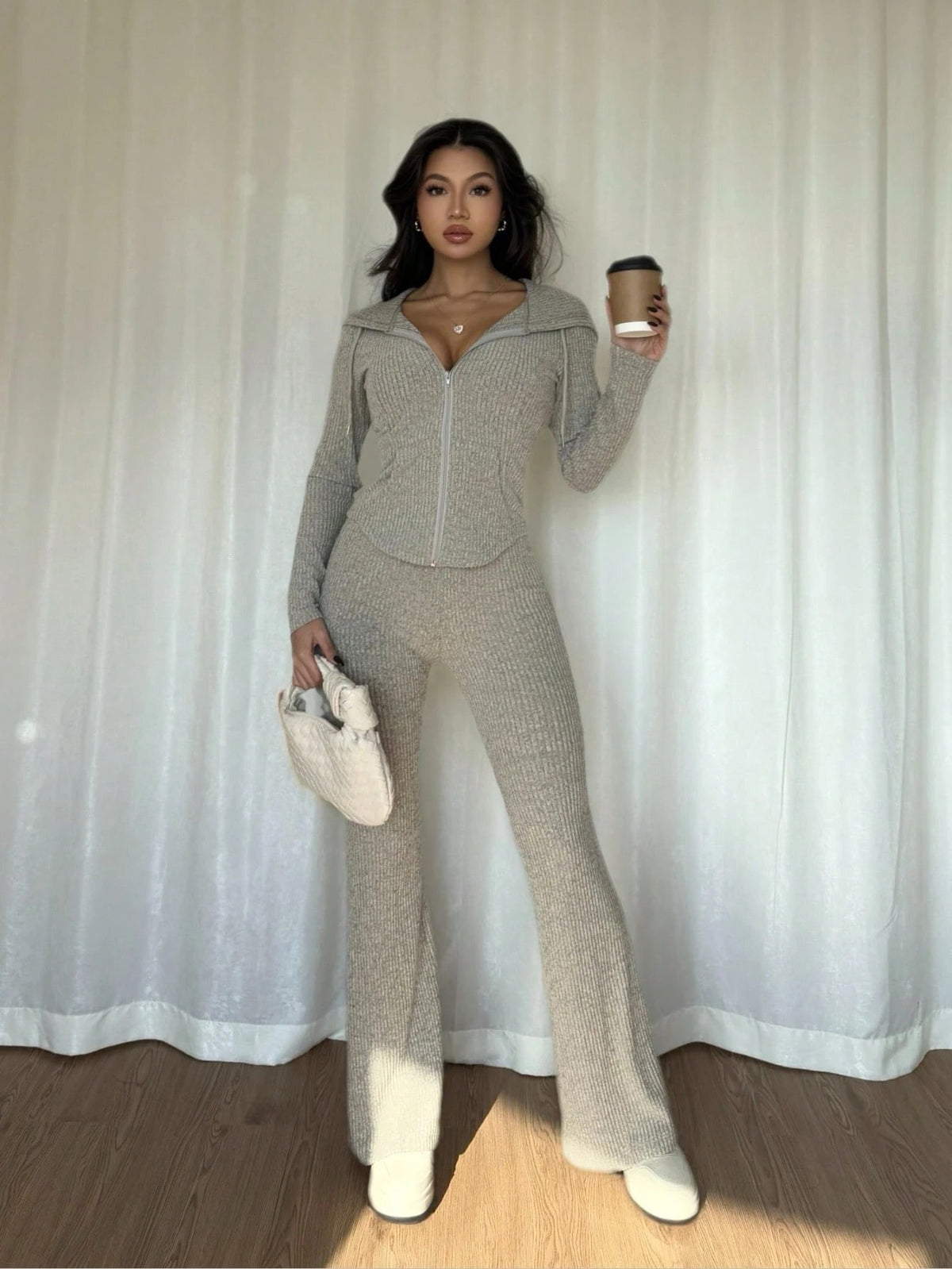 2 Piece Ribbed Knit Zip Sweater Wide Leg Pants Set