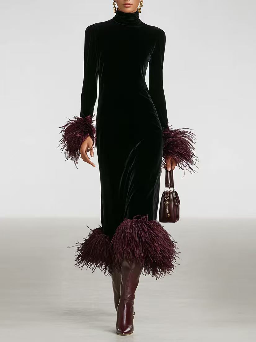 Black Velvet Feather Maxi Dress Long Sleeve Mock Neck