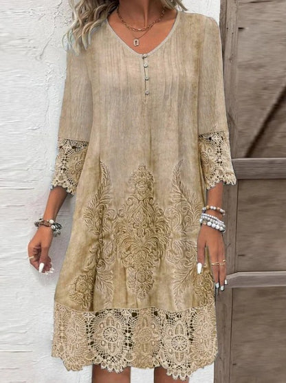 Women's Boho Lace V-Neck A-Line Midi Dress