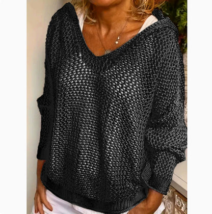 Oversized Hooded Open Knit Sweater V-Neck Pullover