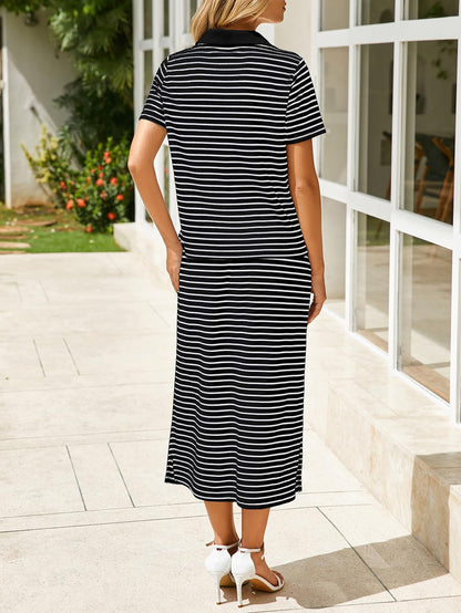 Striped Collared Top Slit Skirt Set Casual 2 Piece
