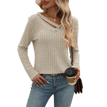 Ribbed V Neck Button Detail Long Sleeve Knit Top