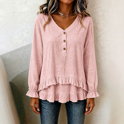 Women's V Neck Ruffle Long Sleeve Tiered Blouse