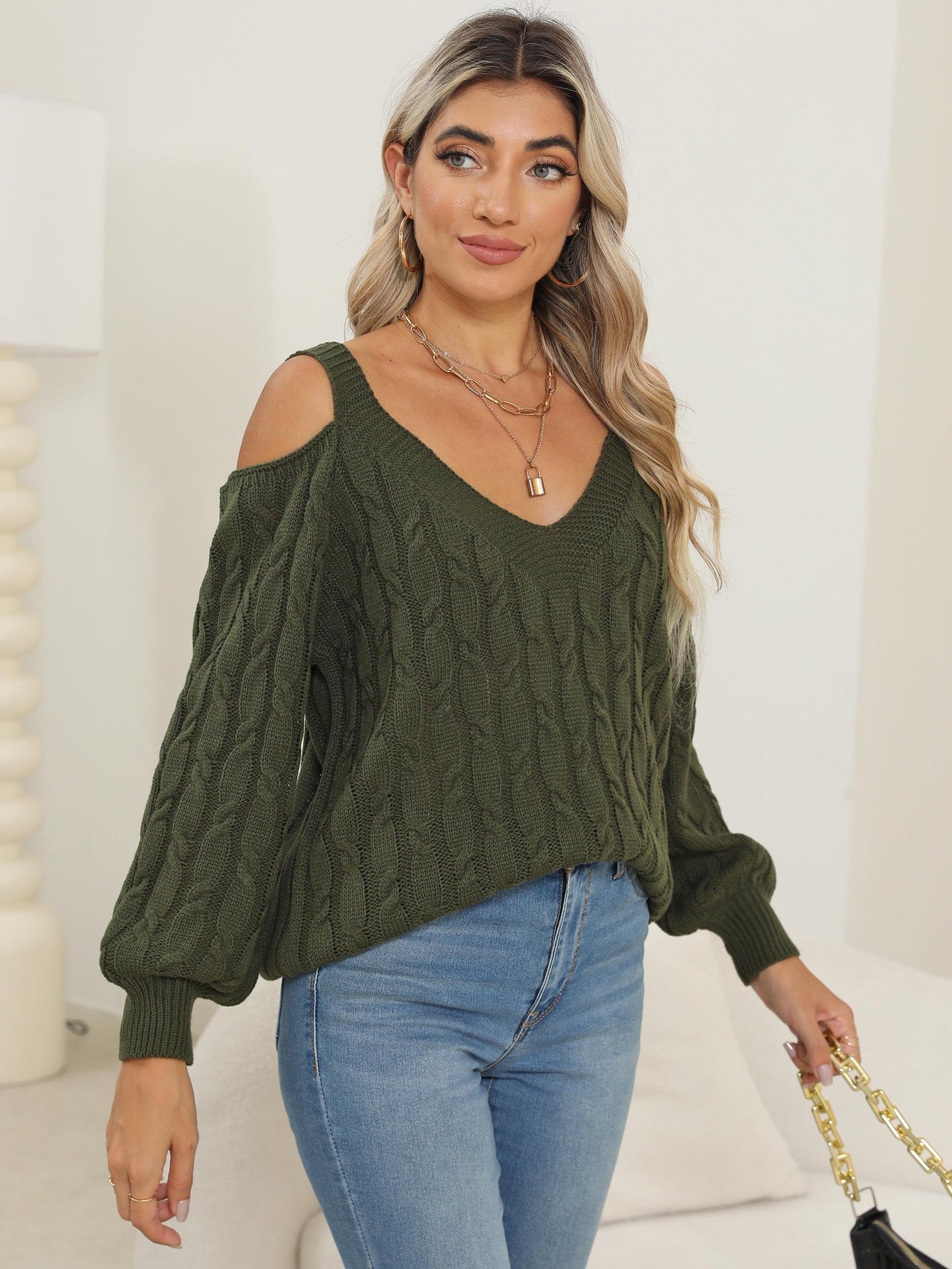 Women's Solid Color Bottoming Shirt Deep V Sexy Off-the-shoulder Loose