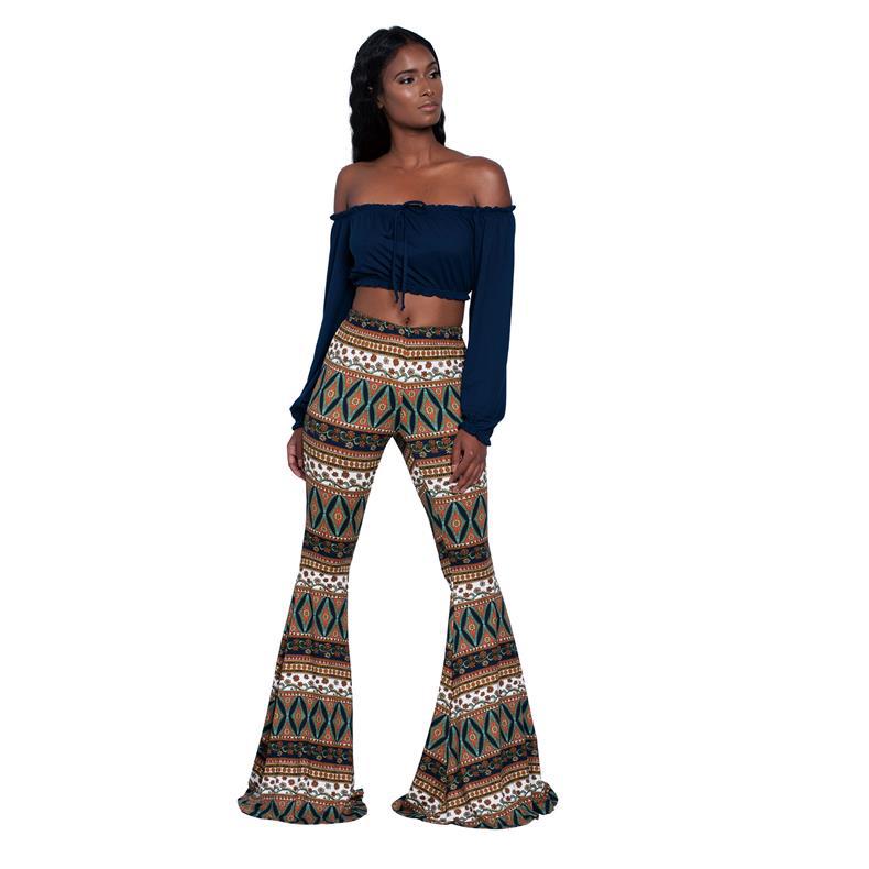 Women's Boho Printed Stretch Flare Pants Bell Bottoms