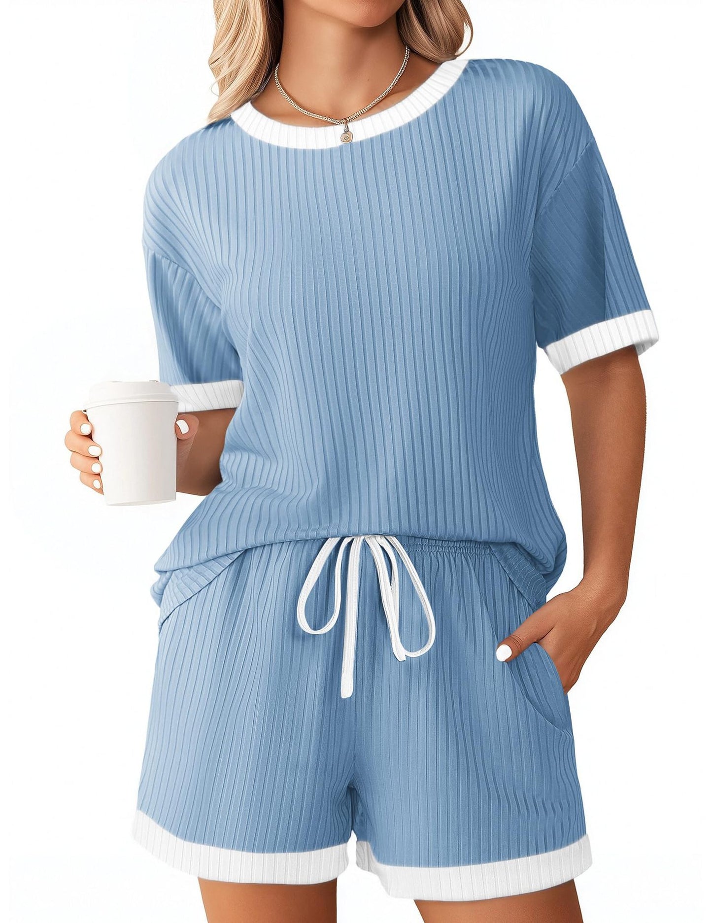 Ribbed Colorblock Lounge Shorts Set Summer Pajama