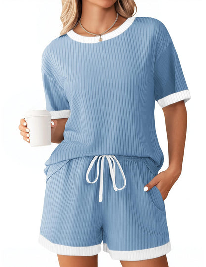 Ribbed Colorblock Lounge Shorts Set Summer Pajama