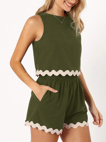 Linen Lace Two-Piece Set - Summer Crew Neck Vest & Shorts
