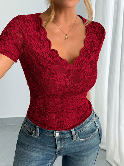 Sexy Lace V-Neck Short Sleeve Top Elegant Sheer Blouse
