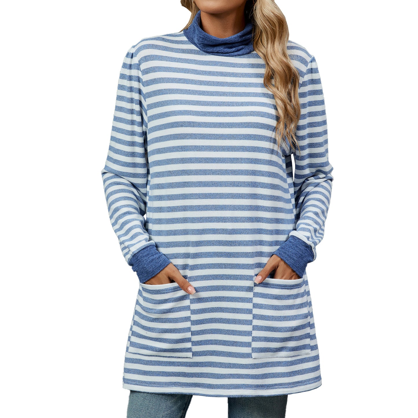 Oversized Striped Turtleneck Tunic Long Sleeve with Pockets
