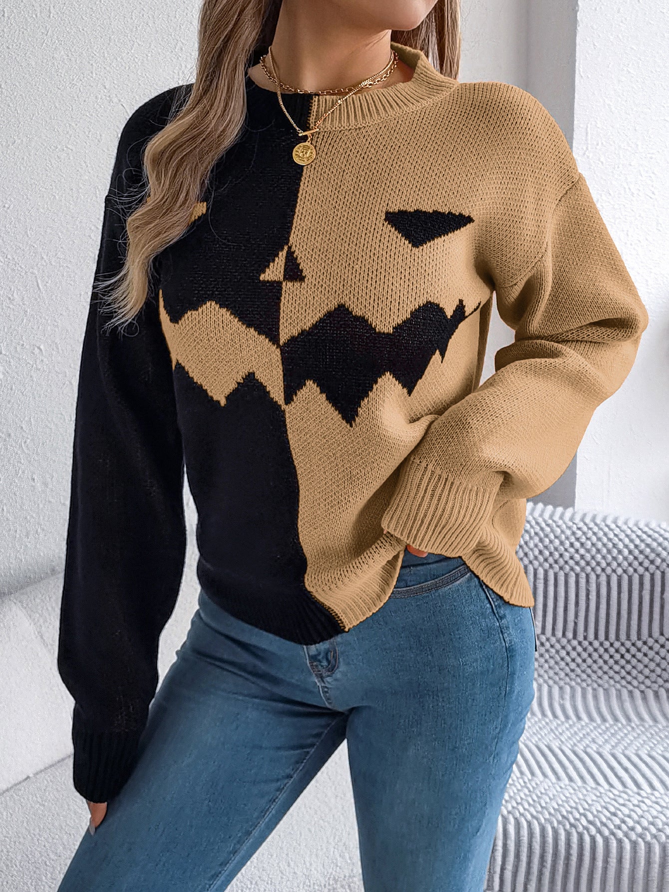 Ghost Pumpkin Colorblock Long Sleeve Sweater for Fall & Halloween