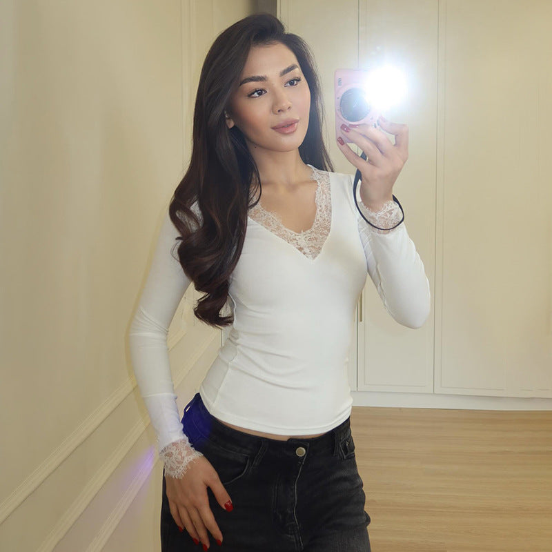 Women's Lace Trim V-Neck Long Sleeve Fitted Top