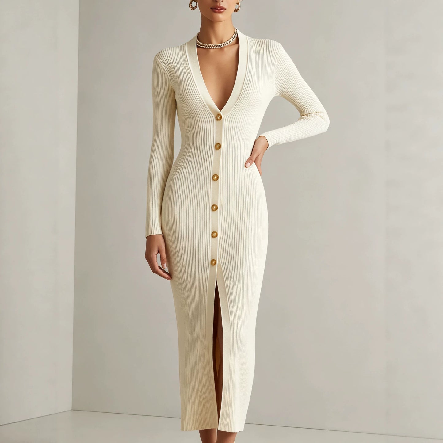 V-Neck Long Sleeve Ribbed Button Front Midi Sweater Dress