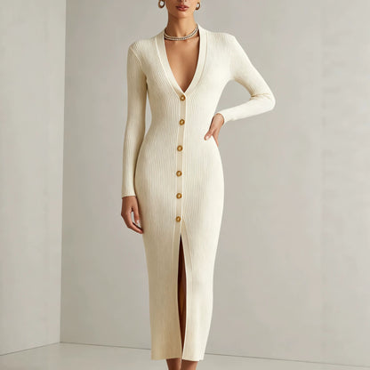 V-Neck Long Sleeve Ribbed Button Front Midi Sweater Dress