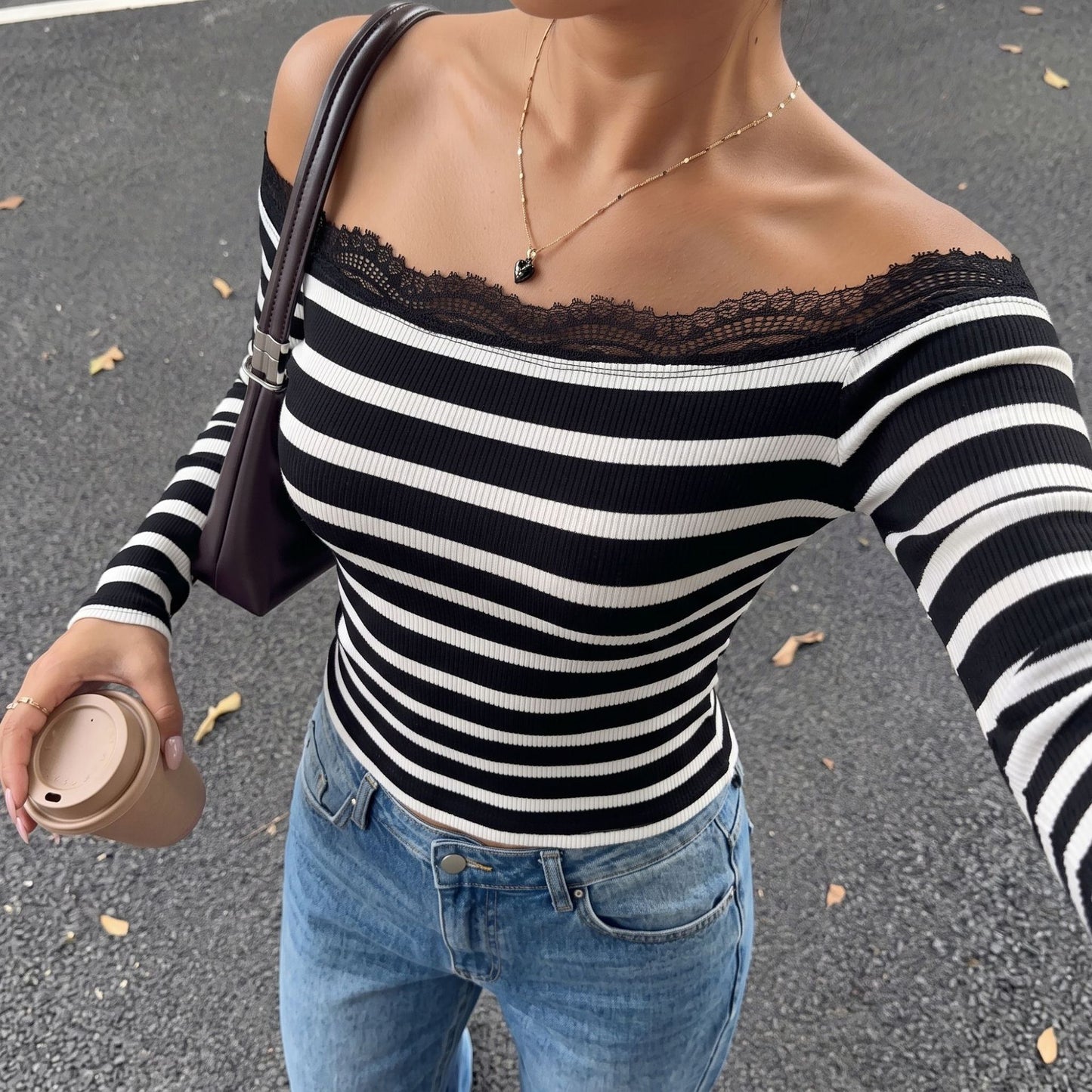Striped Off Shoulder Top Lace Trim Slim Fit