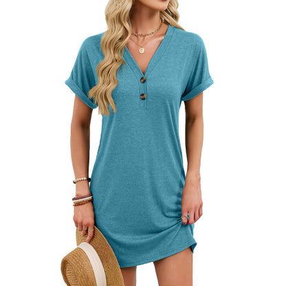 V-Neck Button Short Sleeve Mini Dress for Women