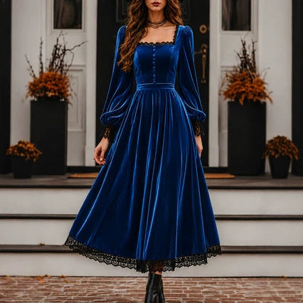 Square Neck Velvet Lace Trim Puff Sleeve Maxi Dress