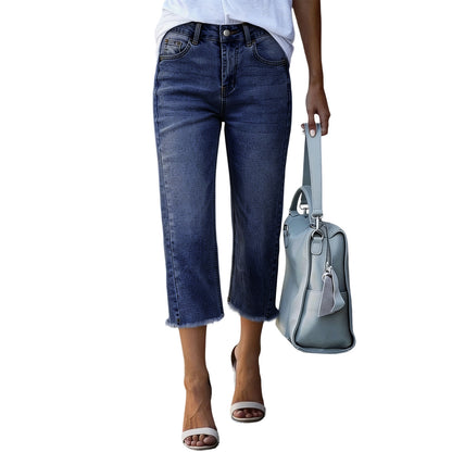 Women's High Waist Vintage Wash Stretch Cropped Jeans