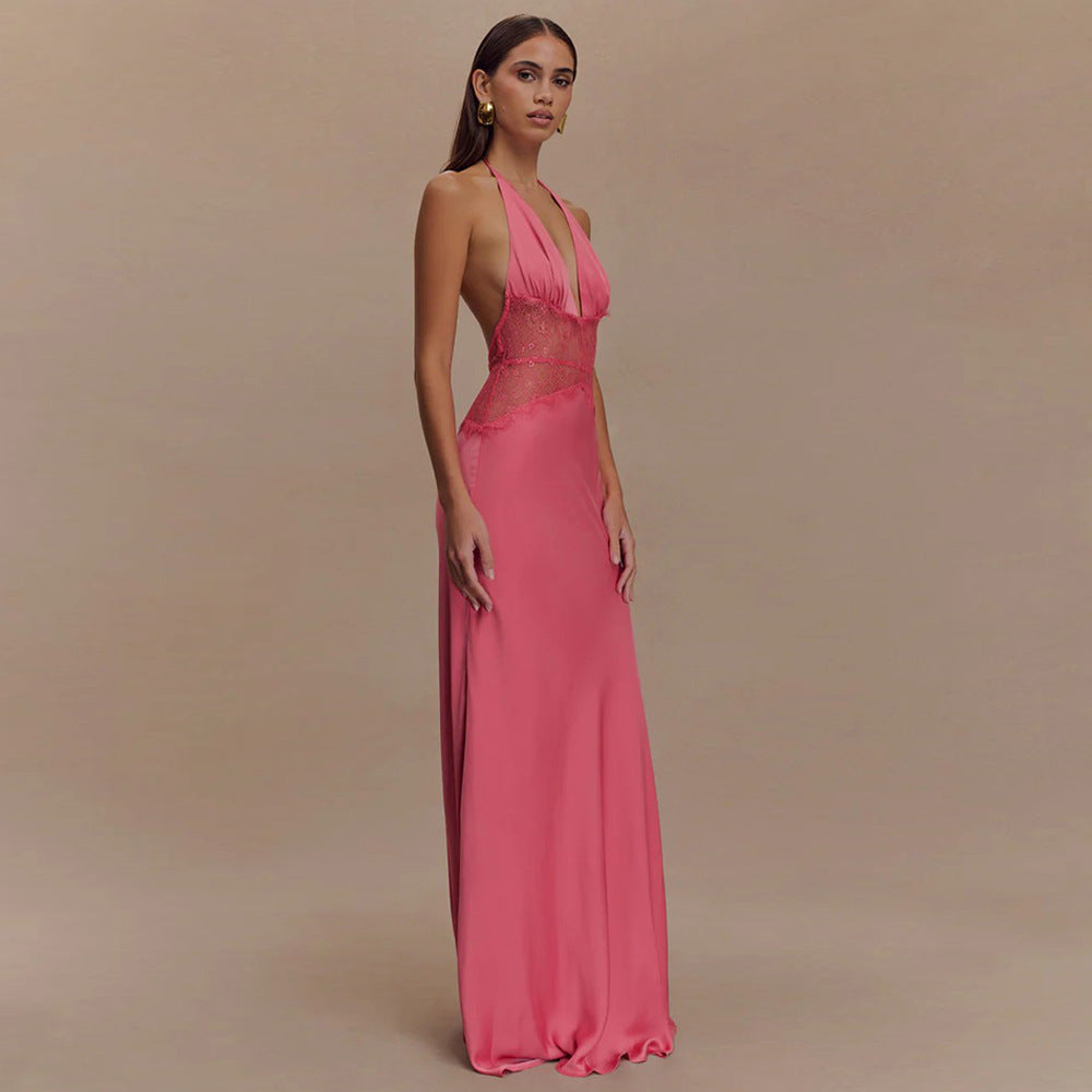 Halter Deep V Neck Backless Lace Bodycon Maxi Dress