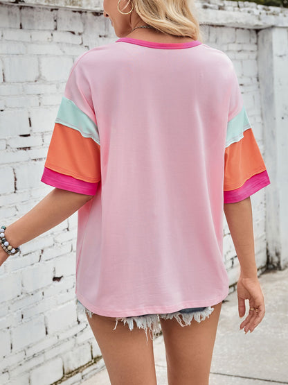 Colorblock Cotton Tee Loose Crew Neck Short Sleeve
