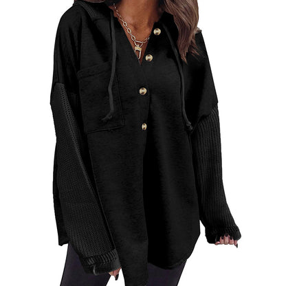2025 Fall/Winter Colorblock Knit Sleeve Hoodie – Casual Button Down Top
