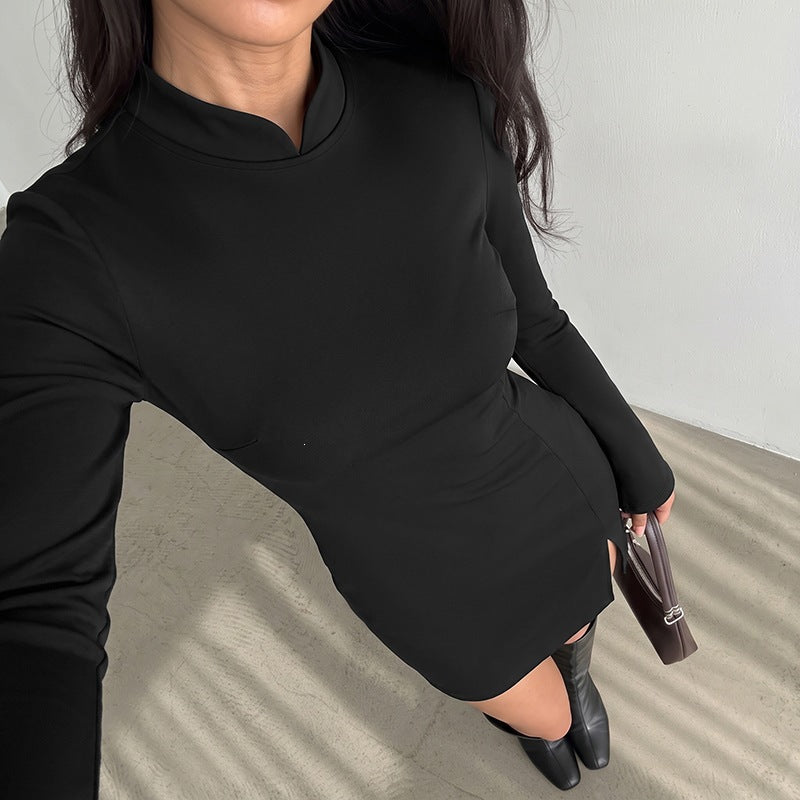 Black Long Sleeve Mini Dress Open Back Slit Chinese Collar