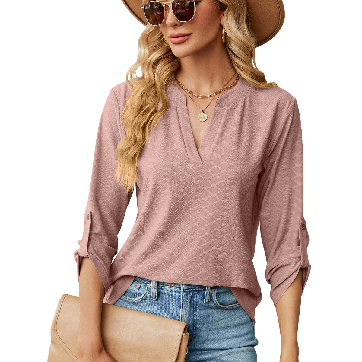 Womens V Neck 3/4 Sleeve Button Loose Tunic Top