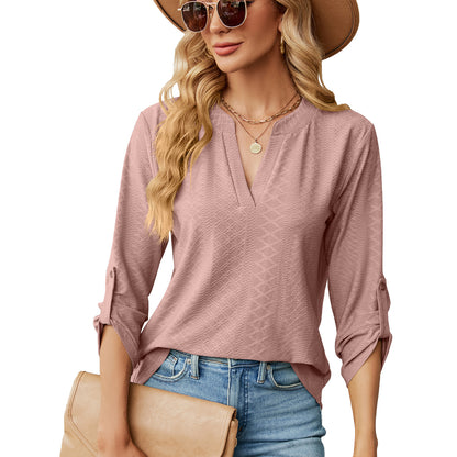 Womens V Neck 3/4 Sleeve Button Loose Tunic Top