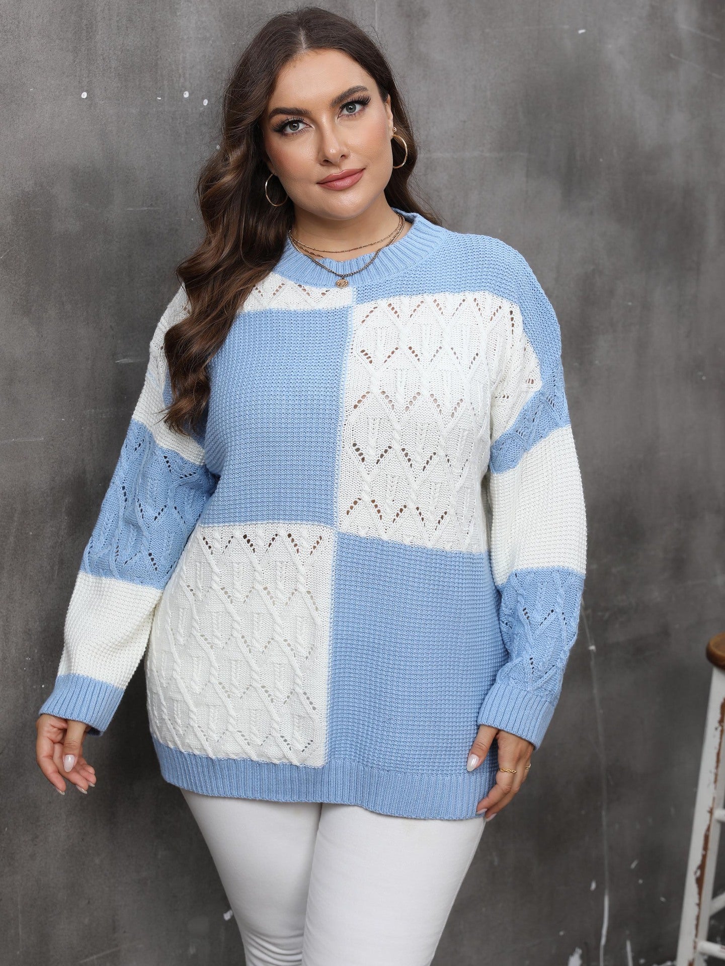 Women's sweater contrasting color splicing plaid sweater long sleeves