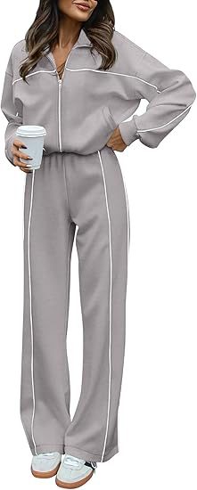 Contrast Trim Zip Jacket Pants Two Piece Set