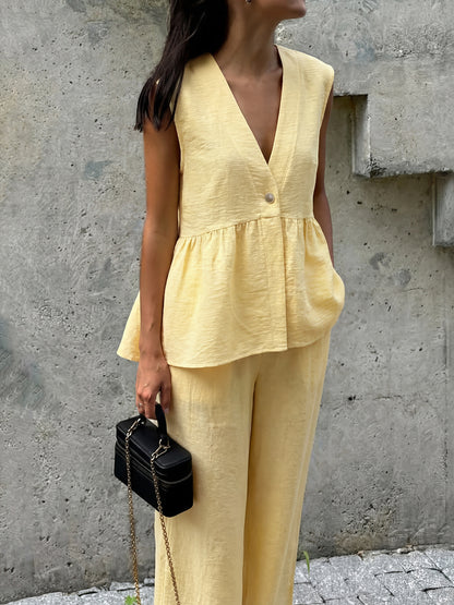 Faux Linen Peplum Vest Wide Leg Pants Matching Set