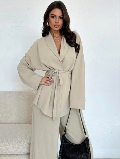 Lapel Belted Top Wide Leg Pants Two Piece Set