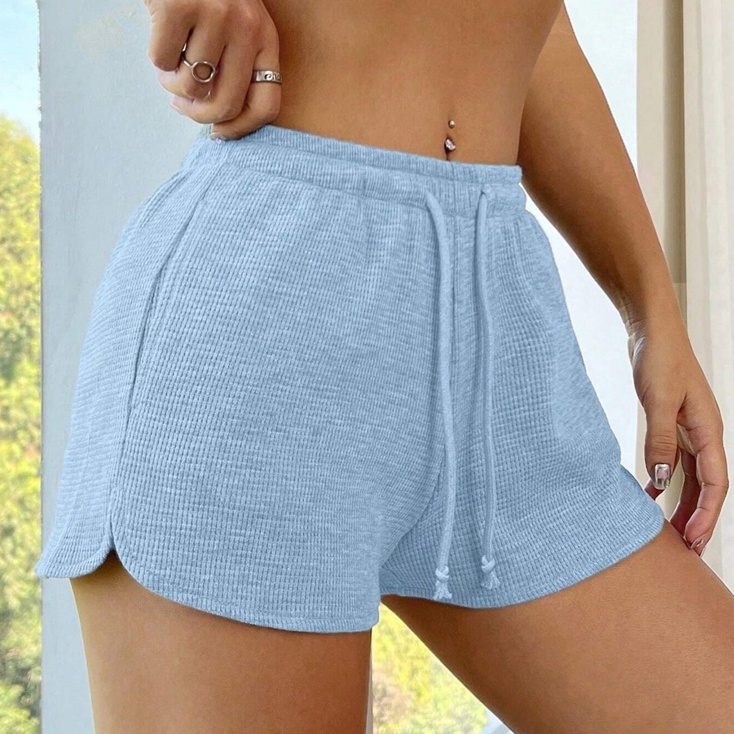 Waffle Knit Drawstring Shorts High Waist Lounge