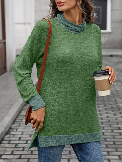 Women's Color Block Cowl Neck Long Sleeve Tunic Top