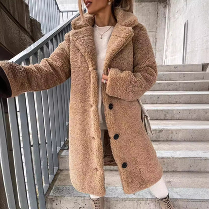 Women's Teddy Coat Button Front Fleece Lapel Long Sleeve