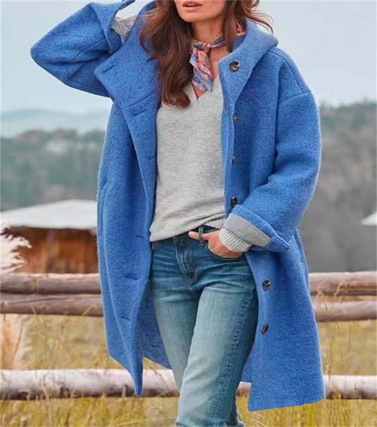 Hooded Wool Blend Coat Long Sleeve Casual Outerwear