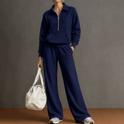Women's Quarter Zip Sweatshirt Wide Leg Pants 2 Piece Set