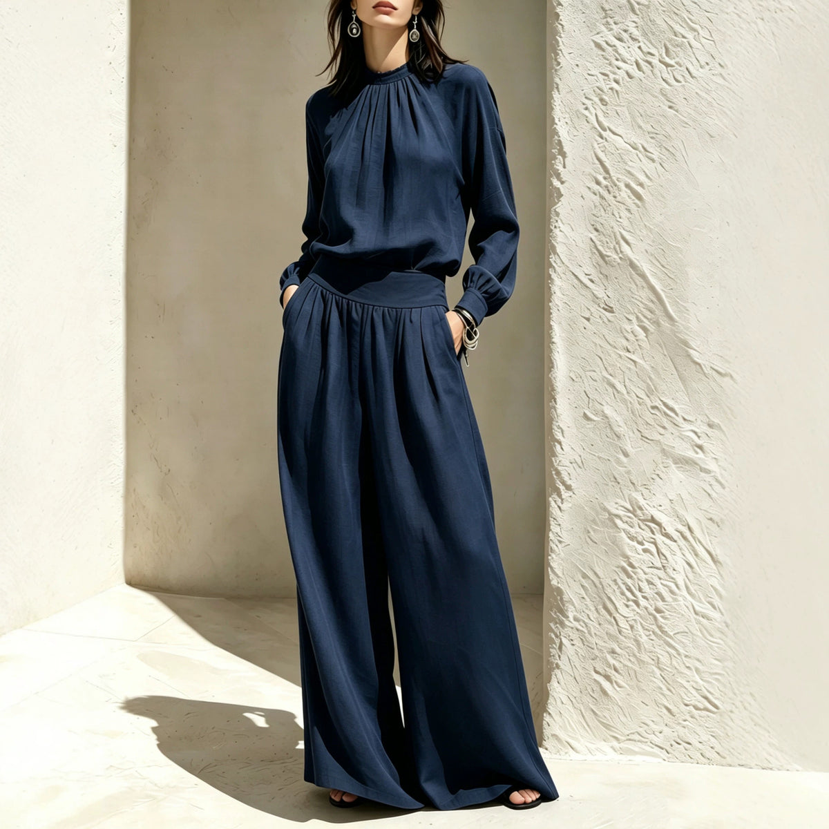 Women's Chic Mock Neck Wide Leg Pants Two Piece Set