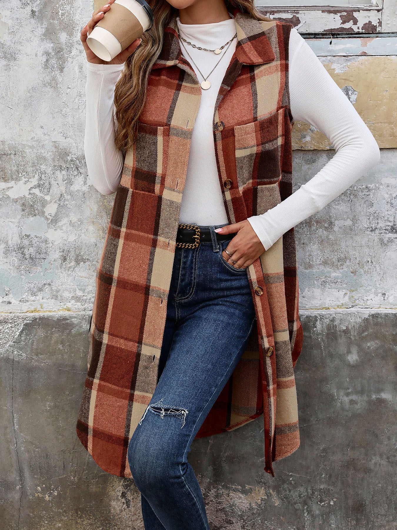 Plaid Longline Vest Lapel Button Front Pockets