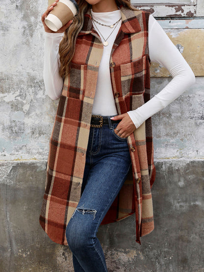 Plaid Longline Vest Lapel Button Front Pockets