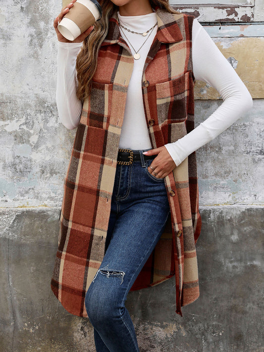 Plaid Longline Vest Lapel Button Front Pockets