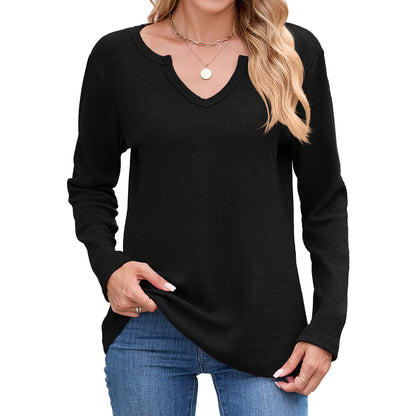 Women's Waffle Knit V-Neck Long Sleeve Loose Fit Top