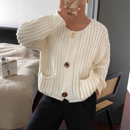 Chunky Knit Cardigan Oversized Button Front Pocket