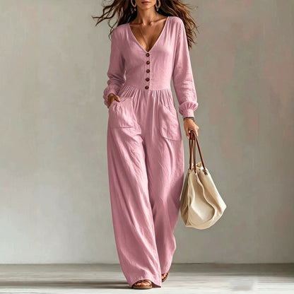 Women's V-Neck Button Front Wide Leg Long Sleeve Jumpsuit