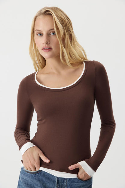 Women's Soft Modal U-Neck Button Fitted Long Sleeve Top