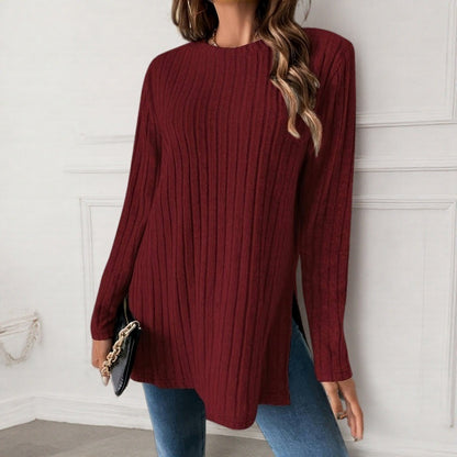 Women's Ribbed Long Sleeve Crew Neck Tunic Top Side Slit