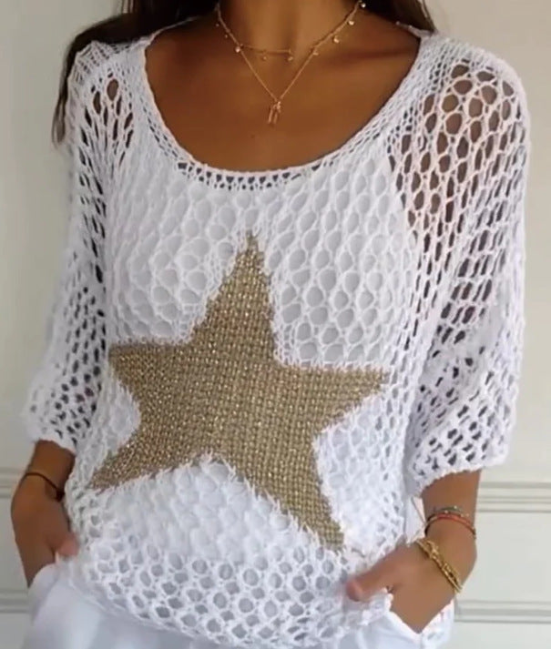 Women's Star Crochet Sweater 3/4 Sleeve Lightweight Top