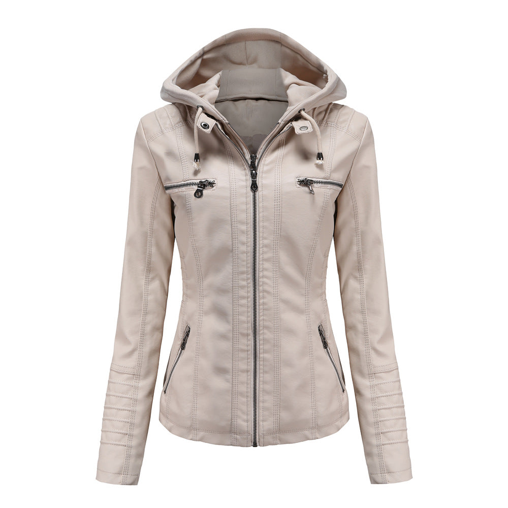 Women's Faux Leather Moto Jacket Removable Hood Plus Size