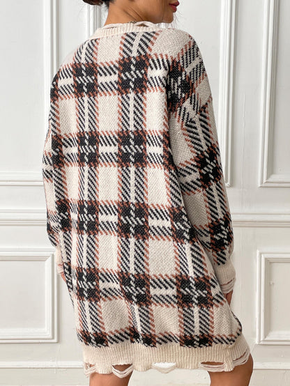 Plaid Color Block Knit Dress with Long Sleeves for Fall